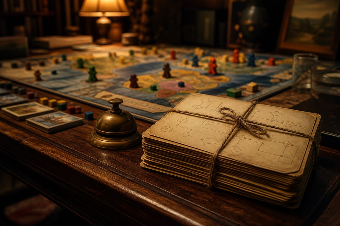 AI artwork: a retired deck of automa cards tied with string beside a glowing board game