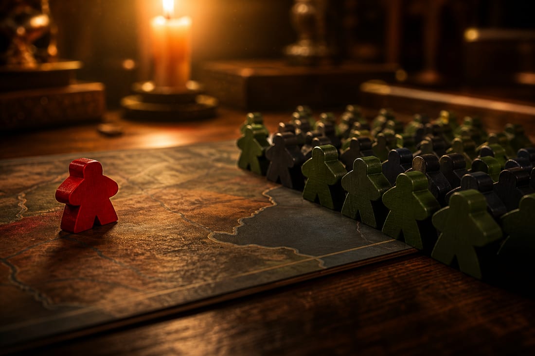 AI artwork: a single red meeple facing an army of dark meeples across a game board