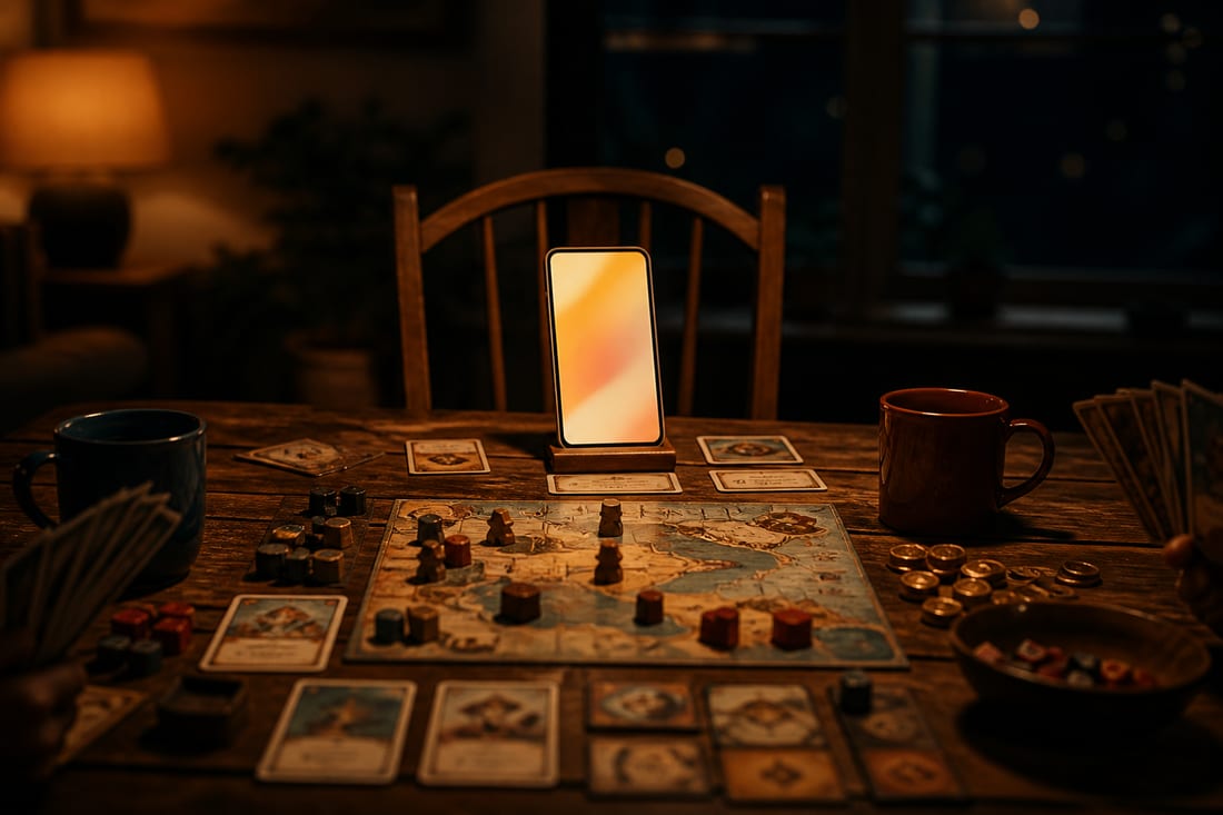 AI artwork: an empty chair at a game table where a phone stands propped at the seat, mid-game