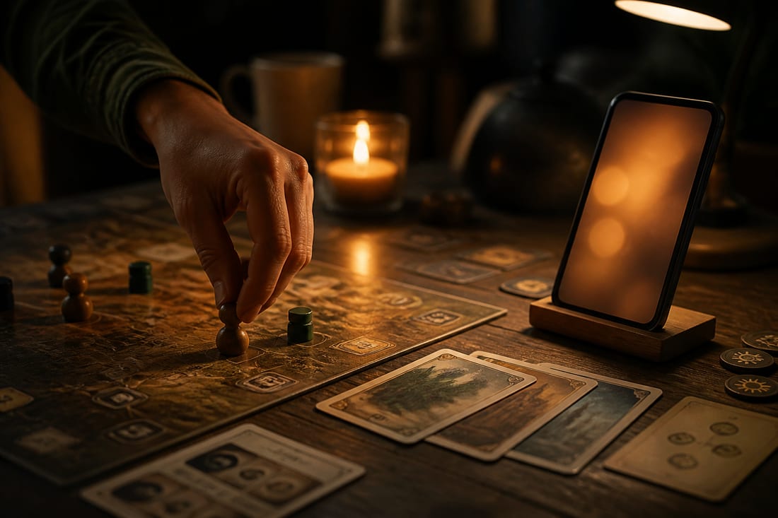 AI artwork: a hand placing a token while a phone sits propped beside it like a teammate